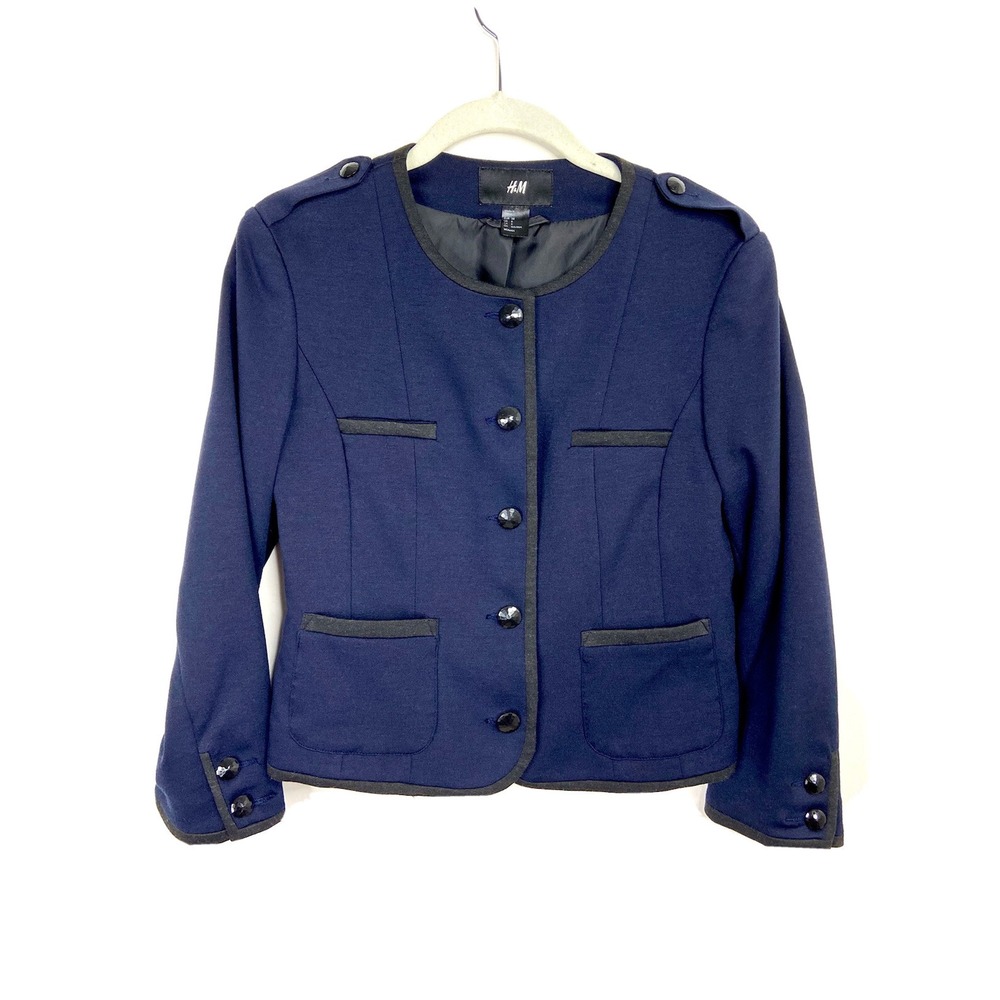 HM Navy Blue Military Style Blazer Jacket Round Neck Trimmed Size 8
